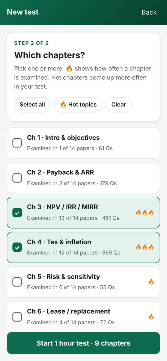 Choosing chapters, with how often each is examined