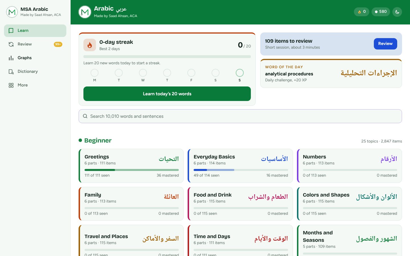 MSA Arabic on a laptop: side menu, daily streak, word of the day and colourful topic grid