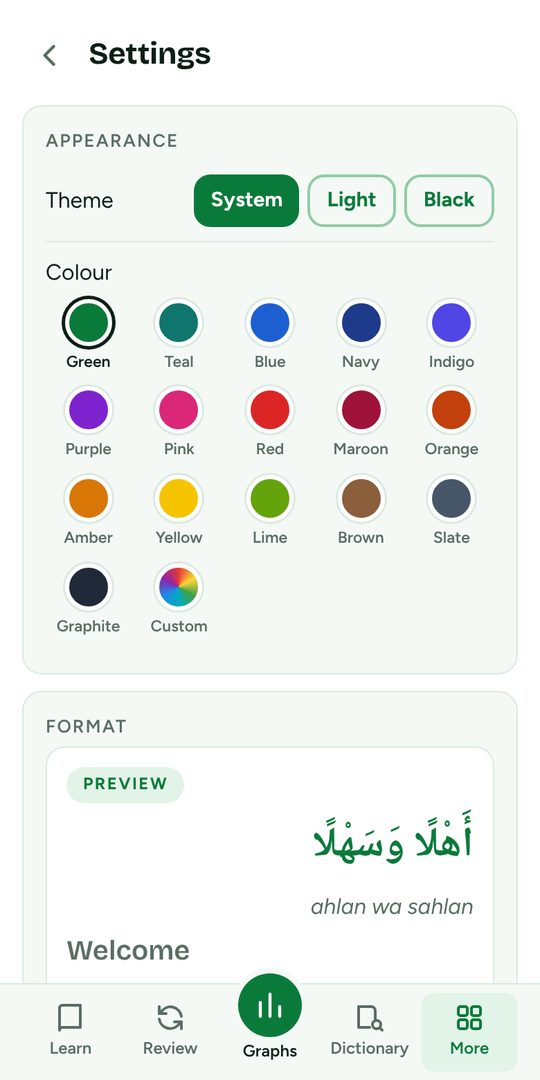 Settings with 16 colours and a custom colour